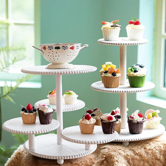 GENMOUS 2PCS 3 Tier and 4 Tier Beaded Cupcake Stand Set for Birthday Party Decor,Rustic Wooden Cupcake Tower Stands for 74 Cupcakes,White Cupcake Tiered Stand Display for Wedding Baby Shower Tea Party