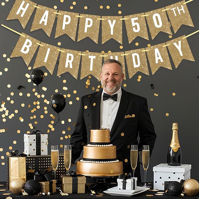 Netnology Pre-Strung Gold Happy 50th Birthday Banner Decorations,12 ft No DIY Gold Glitter 50th Birthday Party Banner Sign Decor for Women Men Girl Boy Party Supplies