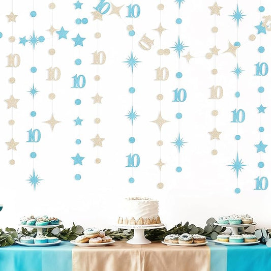 Champagne Gold Blue 10th Birthday Decorations Number 10 Circle Dot Star Garland Streamer Banner Backdrop for Girls Boys Double Digits Cheers to 10 Years Old Birthday 10th Anniversary Party Supplies
