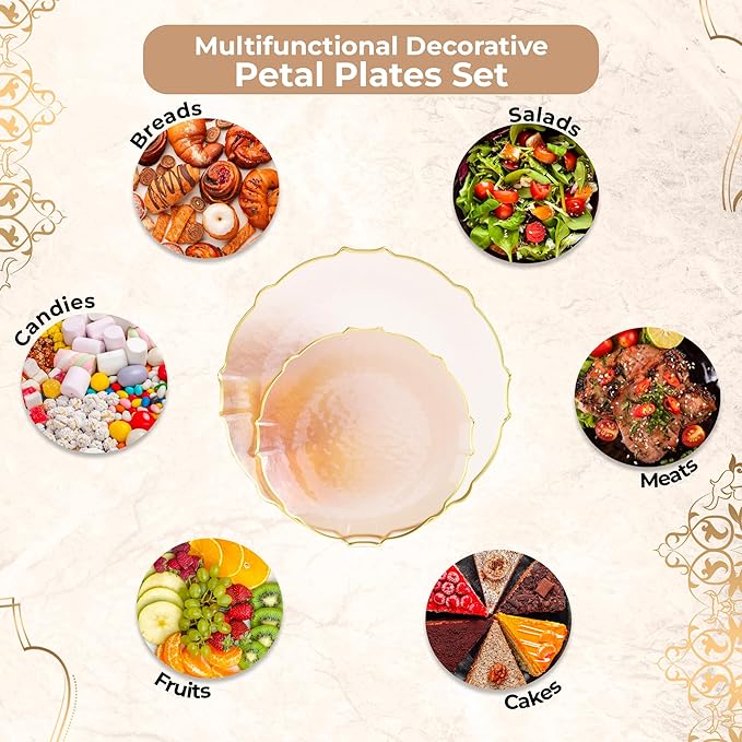 Exquisite Tinted Plates - 80 Piece Plastic Disposable Party Set for 40 Guests - 40 X 7.5 Dessert & 40 X 10 Thin Delicate Fancy Plates - Coral Peach with Gold Rim