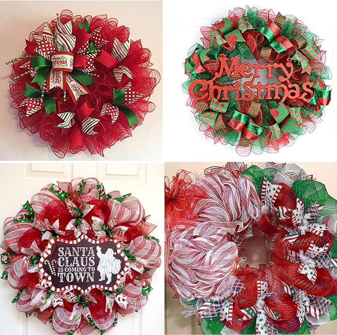 3 Rolls Snowball Red White Deco Mesh Ribbon for Wreath Making Supplies, 10 Inch x 30FT Metallic Foil Burlap Deco Mesh Fabric for DIY Crafts Christmas Tree New Year Wreath Swags and Decorating