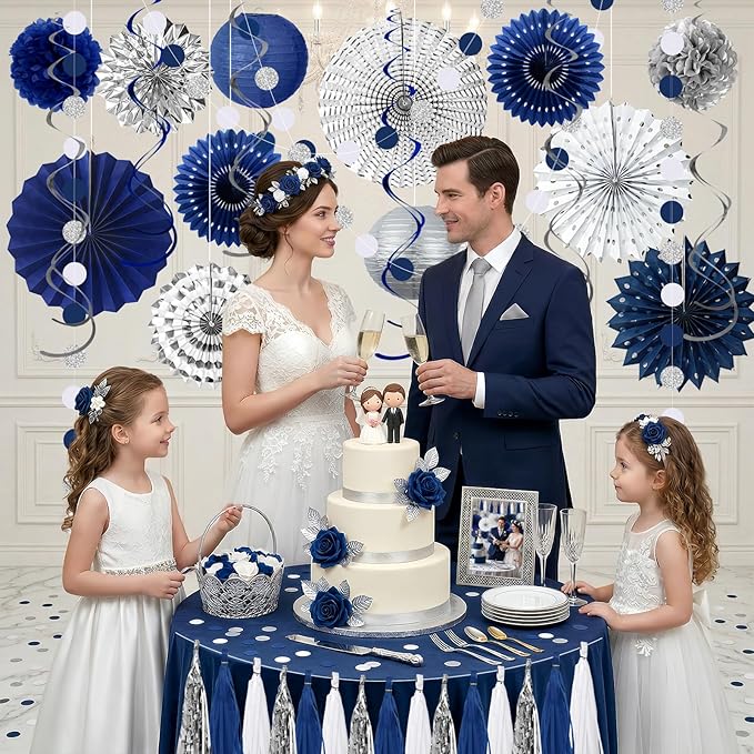 MEIDUO 34 Pcs Blue and Silver Party Decorations, Hanging Paper Lanterns Fans Pom Poms Set, Blue Streamers, 2026 Graduation Party Decorations Supplies, Birthday Decorations for Men Boys