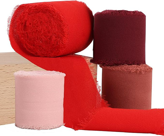 TONIFUL 4 Rolls Silk Chiffon Ribbon, 1-1/2 Inch x 22yds Red Chiffon Ribbons Set, Handmade Fringe Valentine Ribbon for Gift Wrapping Bridal Bouquets Wedding Invitation Valentine Day Decoration