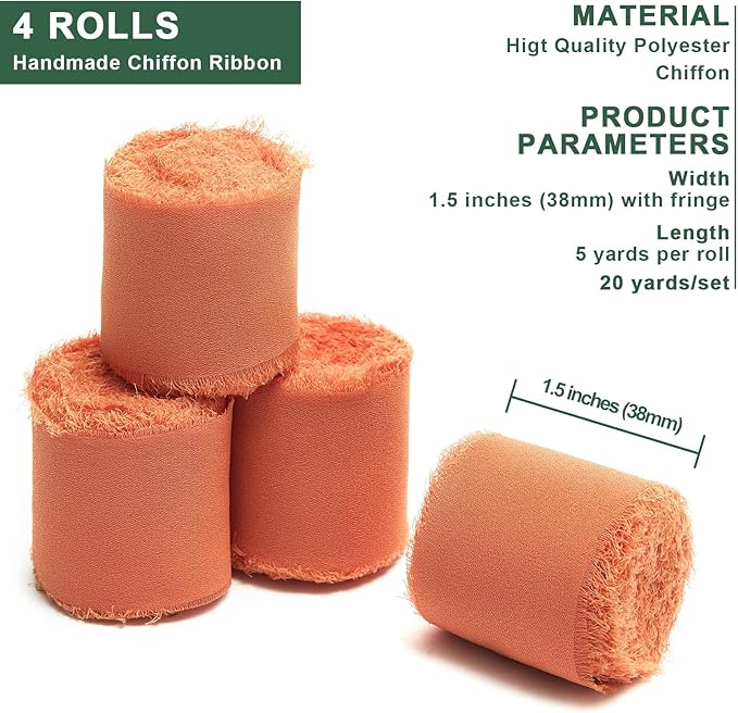 4 Rolls Orange Handmade Fringe Chiffon Silk Ribbon 1.5" W x 5Yd Per Roll,Frayed Edges Ribbon Set for Gifts Wrapping,Wedding Invitations,Bouquets,DIY Crafts (1.5" x20Yd, Orange)