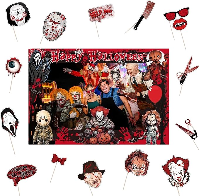 Halloween Photo Booth Props Kit – 16 Pcs Party Selfie Frame and Photo Props for Indoor Outdoor Decorations, Pumpkin Ghost Bat Designs for Halloween Events (Red)