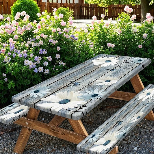 Rustic Daisy Picnic Table Cover with Bench Covers, Waterproof Farmhouse Vintage Floral on Wooden Board Blue Flower Tablecloth for Camping Indoor Outdoor Party Decorations, 30X96in