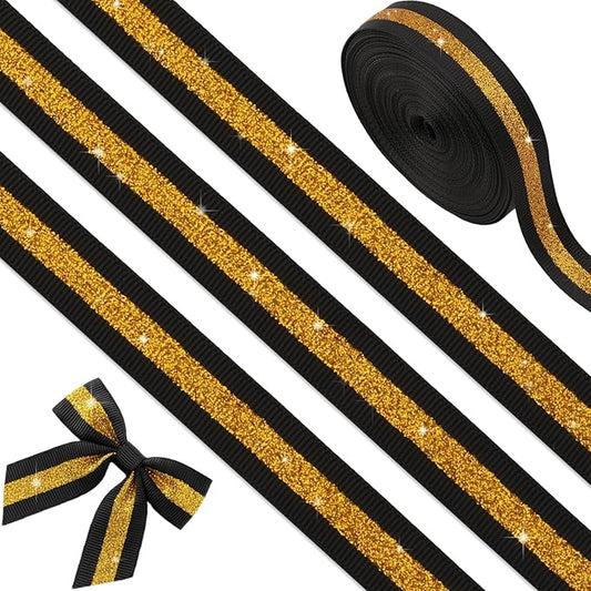 Black Gold Glitter Grosgrain Ribbon 5/8 Inch x 10 Yards, No-Shed Cheer Ribbon for Cheerleading Hair Bows, Gift Wrapping, Homecoming Mum Supplies (Black Gold)