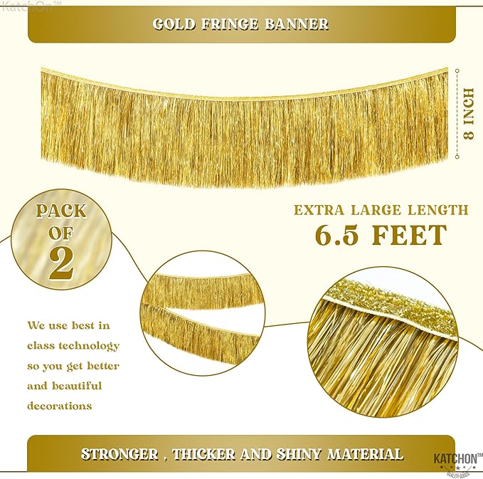 KatchOn, Pack of 2 Gold Fringe Garland - Gold Tinsel Banner for Birthday Party Decorations, Bridal Shower | Golden Foil Curtains for Golden Party Decor, Wedding, Graduation Decorations 2026