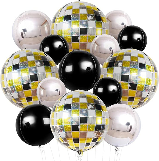 KatchOn, Disco Ball Balloons - Big 22 Inch, Pack of 14 | For Black and Gold Party Decorations | 4D Sphere Mettalic Disco Balloons | Birthday Ball Party Decoration