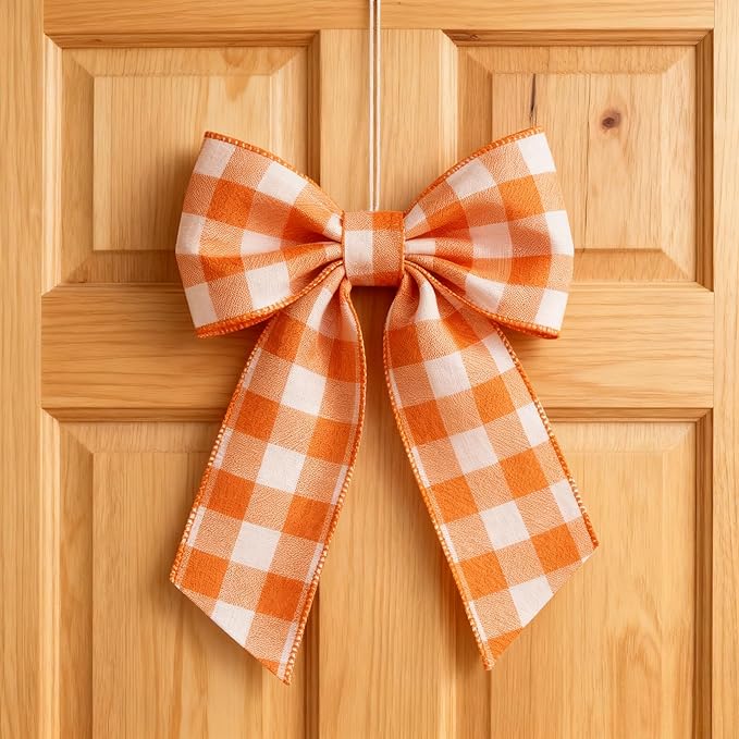 Meseey 4 Inch x 10 Yards Orange White Buffalo Check Wired Ribbon, Fall Burlap Wired Edge Ribbons for Large Wreaths, Big Bows, Gift Wrapping, Thanksgiving & Halloween Decor