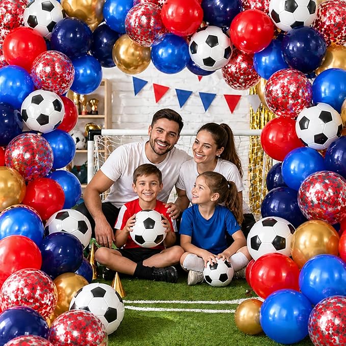Soccer Balloons, 12Inch Blue Red Gold Soccer Printed Latex Balloons, Navy Royal Blue Red and Metallic Gold Helium Balloon with Confetti Balloon for Sport Football Theme Boy Men Birthday Party Decor