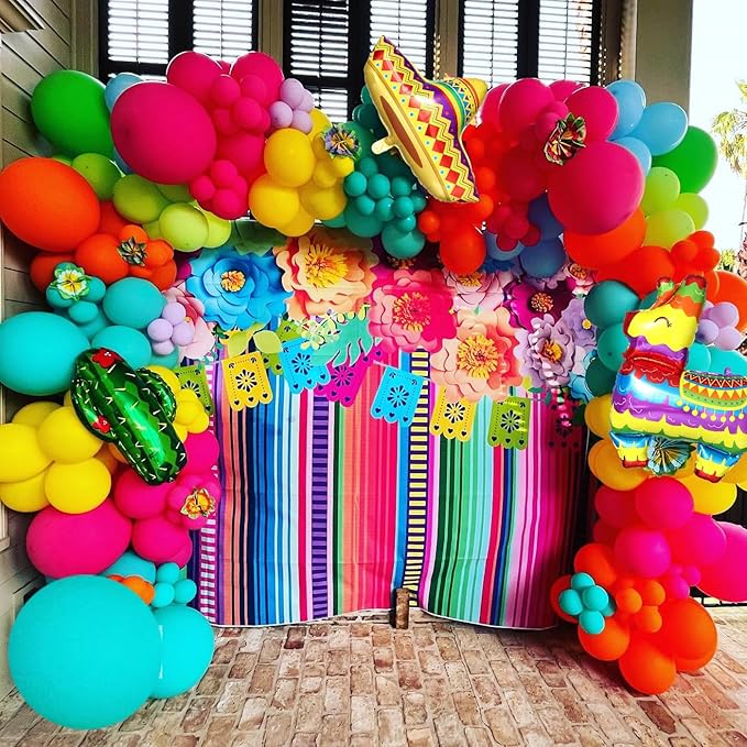 Mexican Fiesta Party Decorations, 144Pcs Cinco De Mayo Rainbow Balloons Arch Garland Kit Cactus Llama Sombrero Explosion Star Foil Balloons for Taco Twosday Carnival Hawaii Tropical Birthday Party