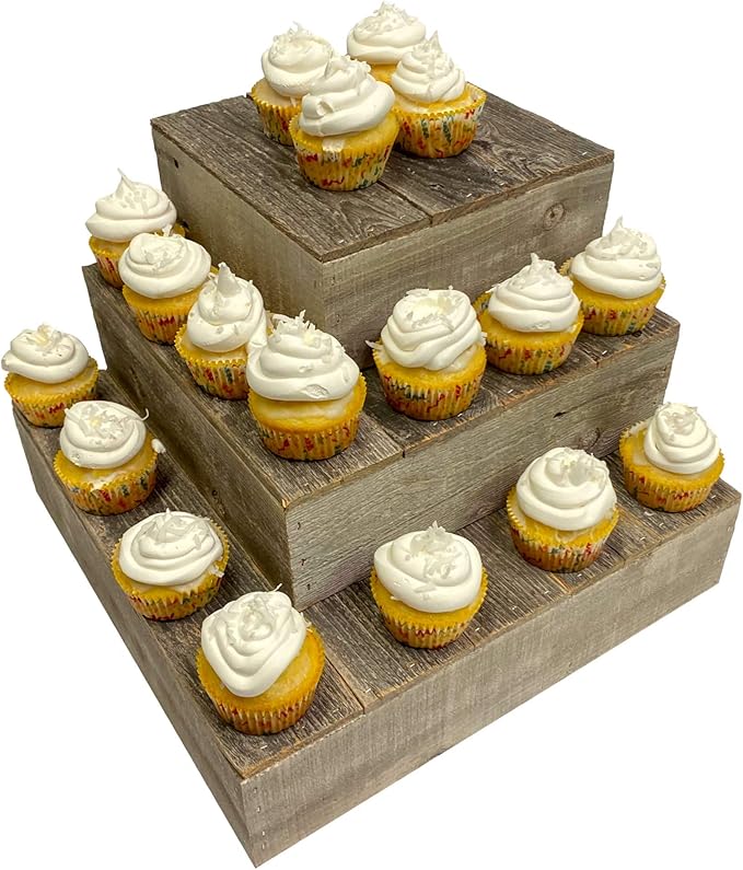 BARNWOODUSA Wood Cake Stand Set of 3 Natural Weathered Gray Rustic Wooden Wedding Dessert Stand Vintage Sturdy 100% Reclaimed Wood