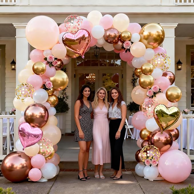 Rose Gold Pink Balloon Arch Kit,Light Pink Nude White Metallic Gold Balloons Garland Rose Gold and Gold Confetti Balloons with Heart Balloon for Wedding Bridal Shower Birthday Party Decorations