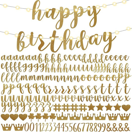 TaoBary 167 Pcs DIY Banner Kit Happy Birthday Glitter Banner Customizable Glitter Make Your Own Kit 162 Letters Symbols and Numbers 3 Rope for Birthday Halloween Wedding Christmas(Champagne Gold)