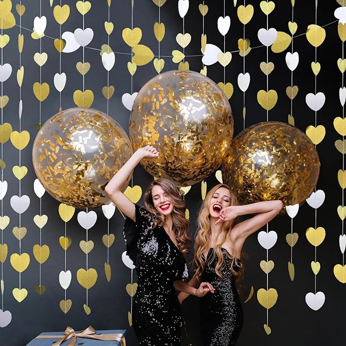 Gold-White Heart-Garland Streamers Engagement-Birthday Party-Decorations - 52Ft Glitter Champagne Hanging Banner Decor Wedding Congratulations Bachelorette Bridal Baby Shower Garsellen