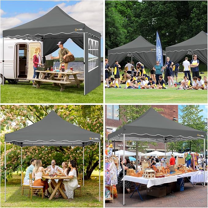 HOTEEL 10x10 Pop Up Canopy, Easy Setup Party Tent with Carry Bag, Weight Bag, Outdoor Portable Event Shelter for Backyard, Market, Gray