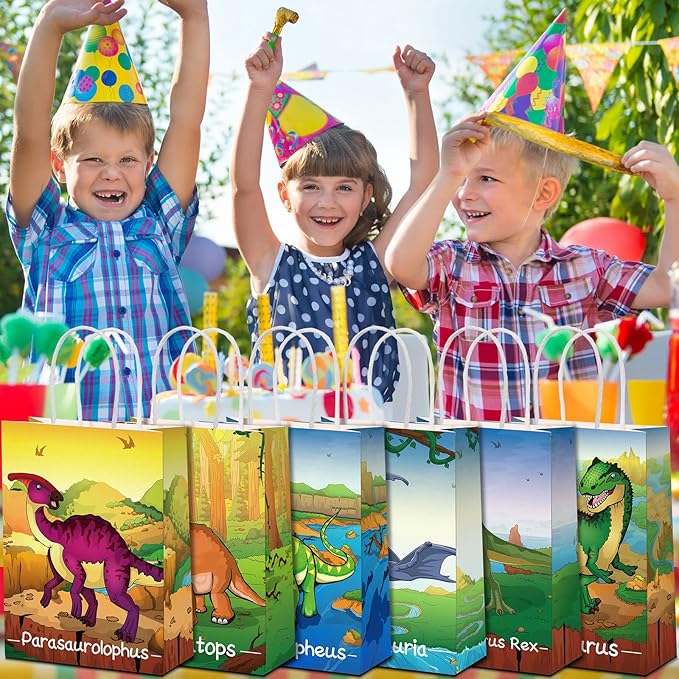 Pajean 24 Pcs Dinosaur Candy Bags with Handle, Dinosaur Party Favor Paper Bags Kids Gifts Goodie Treat Wrapping for Boys Girls Dino Theme Birthday Baby Shower Party Supplies(Cute Style)