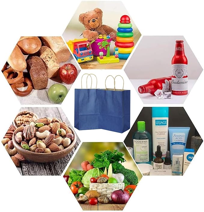25 PCS Small Dark Blue Gift Bags Kraft Paper Bags with Handles for Party Favor (8.2 x 6 x 3.1 in)