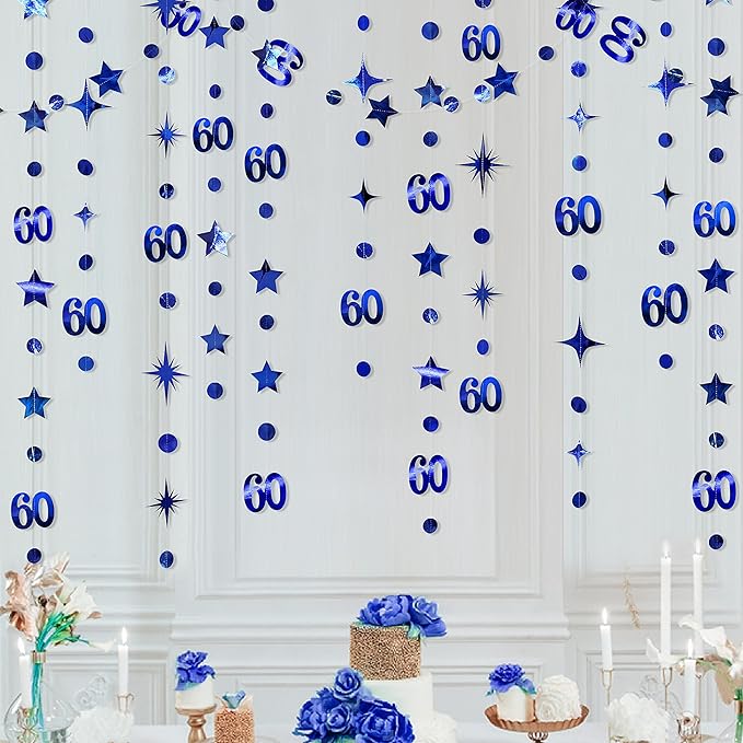 Navy Blue 60th Birthday Decorations Number 60 Circle Dot Twinkle Star Garland Metallic Hanging Streamer Bunting Banner Backdrop for 60 Year Old Happy Birthday 60th Anniversary Sixty Party Supplies