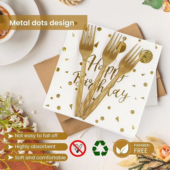 96PCS Happy Birthday Plates and Napkins Party Supplies, White and Gold Disposable Paper Plates and Napkins with Forks Tableware Set for Birthday Party Decorations 24 Guests (Birthday White)
