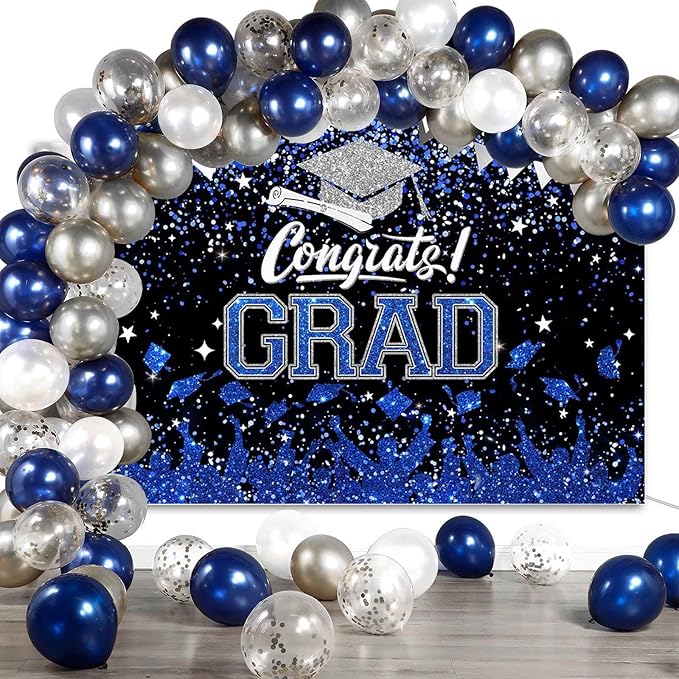 Mocsicka Graduation Party Decorations 2026 Congrats Grad Backdrops for Photography Bachelor Cap Congratulations Grad Photo Backdrop Graduation Prom Party Supplie (Blue and Silver, 10x8ft(120x96 inch))