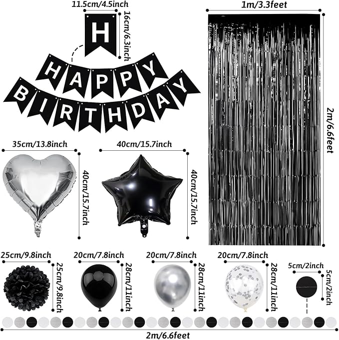 Black White Birthday Decorations, Happy Birthday Decorations with Banner Pompoms Balloon Hanging Swirls for Boys Girls Men Women Party Decorations Supplies