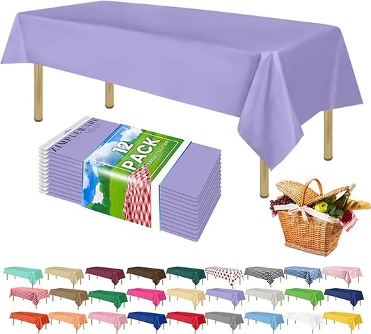 ZIMPLEWARE Premium Lavender Plastic Table Cloth Disposable (12 Pk) Plastic Tablecloths for Rectangle Tables (54in x 108in) Party Table Cloths Disposable for 6ft to 8ft Rectangle Tables