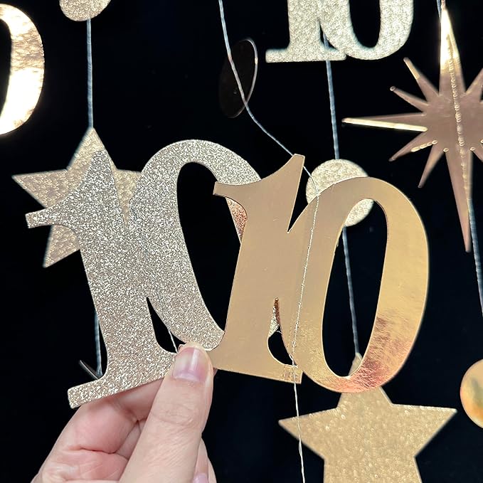 Champagne Gold 10th Birthday Decorations Number 10 Circle Dot Star Garland Streamer Banner Backdrop for Girls Boys Double Digits Cheers to 10 Years Old Birthday Happy 10th Anniversary Party Supplies