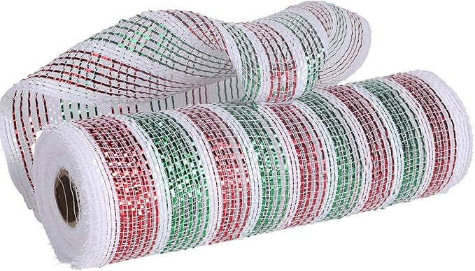 3 Rolls Red Green Stripe Deco Mesh Ribbon for Christmas Wreath Making Supplies, 10 Inch x 30FT Metallic Foil Deco Mesh Fabric for Christmas Tree New Year Winter Door Wreath Swags Decor
