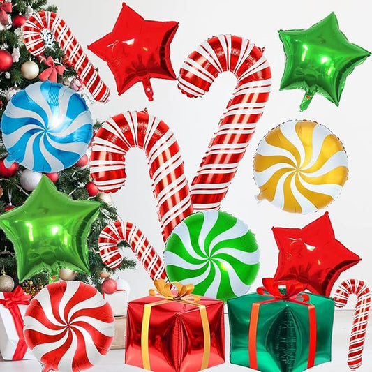 28 Pcs Christmas Foil Candy Cane Balloons with Ribbons - Mylar Present Balloons for Party Decorations