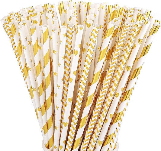ALINK Biodegradable Gold Paper Straws Bulk, Pack of 100 Metallic Foil Striped/Wave/Heart/Star Straws for Birthday, Wedding, Bridal/Baby Shower, Celebrations and Party Supplies