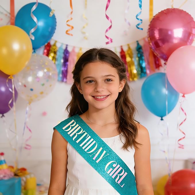 Birthday Sash for Girl, Dazzle Foil Letter Glitter Teal Blue Birthday Sash for Women Girl Kids Teenager Bday Gifts Party Favors Photo Prop
