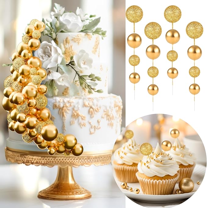 60Pcs Glitter Cake Balls Decorations Foam Cake Topper Balls Mini Balloon Cupcake Toppers for Cake Decorating Birthday Baby Shower Party (Glitter Gold)