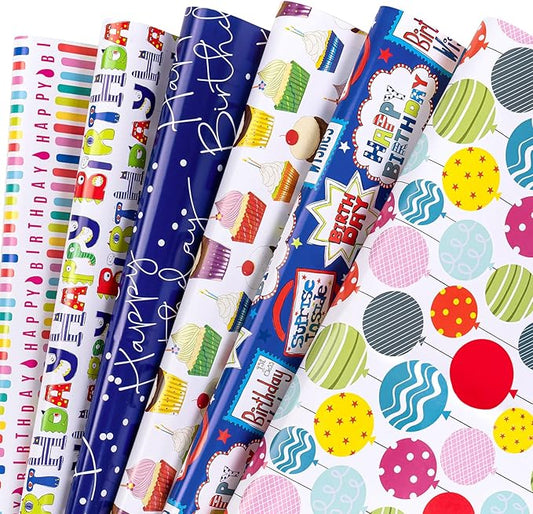 WRAPAHOLIC Birthday Wrapping Paper Sheet - 6 Sheets Balloon and Happy Bday Lettering Design Folded Flat for Birthday, Party, Baby Showers - 19.7 Inch X 27.5 Inch Per Sheet