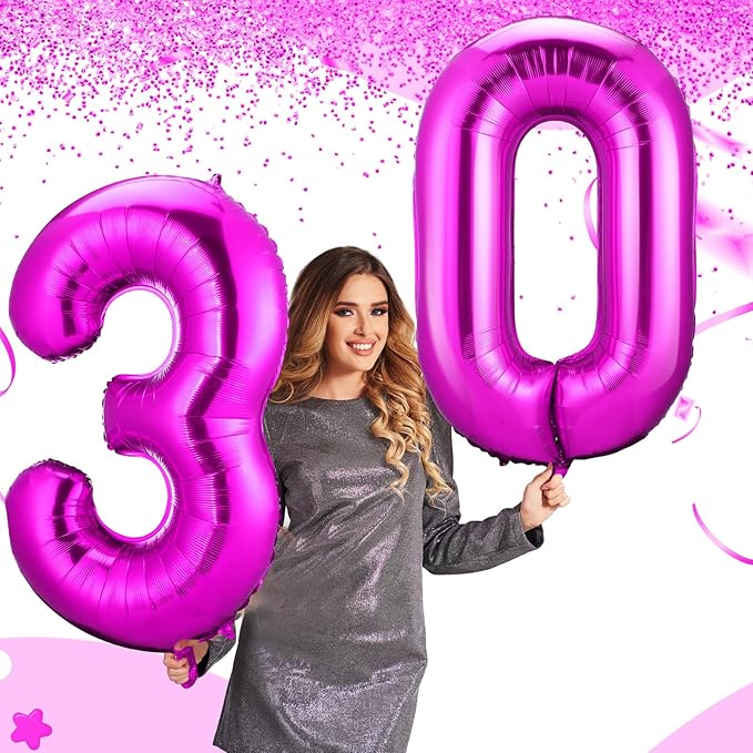 Gejoy 40 Inch Number 30 Balloons Jumbo 30 Foil Giant Number 30 Balloons for 30th Birthday Party Decorations and Rip to My 20s Anniversary Event(Hot Pink)