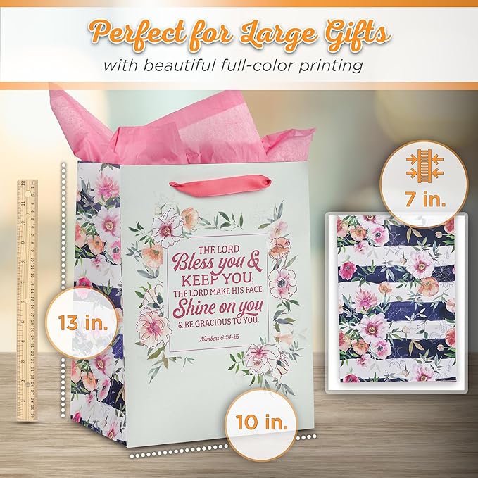 Christian Art Gifts Large Portrait Scripture Gift Bag w/Blank Card & Wrapping Tissue Paper Set for Moms: Lord Bless You Inspirational Bible Verse, Best Mom Ever Greeting for Mother's Day, Birthday,