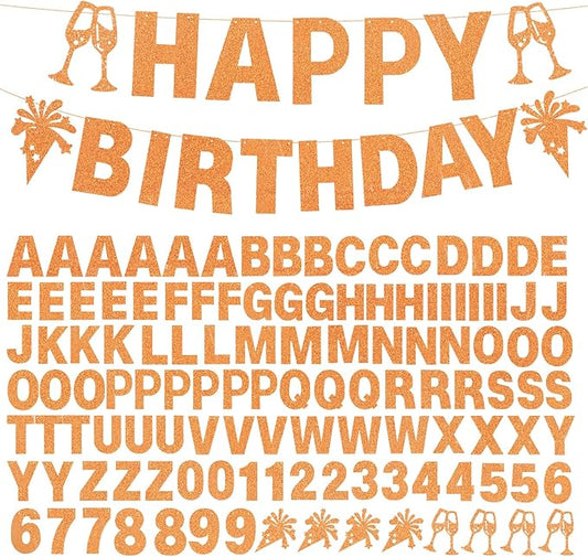 129Pcs DIY Letter Banner Glitter Customizable Banner Kit DIY Happy Birthday Letters 0-9 Numbers Custom Personalized Banners Decor Baby Shower Birthday Party Decorations Supplies(Dazzling Orange)