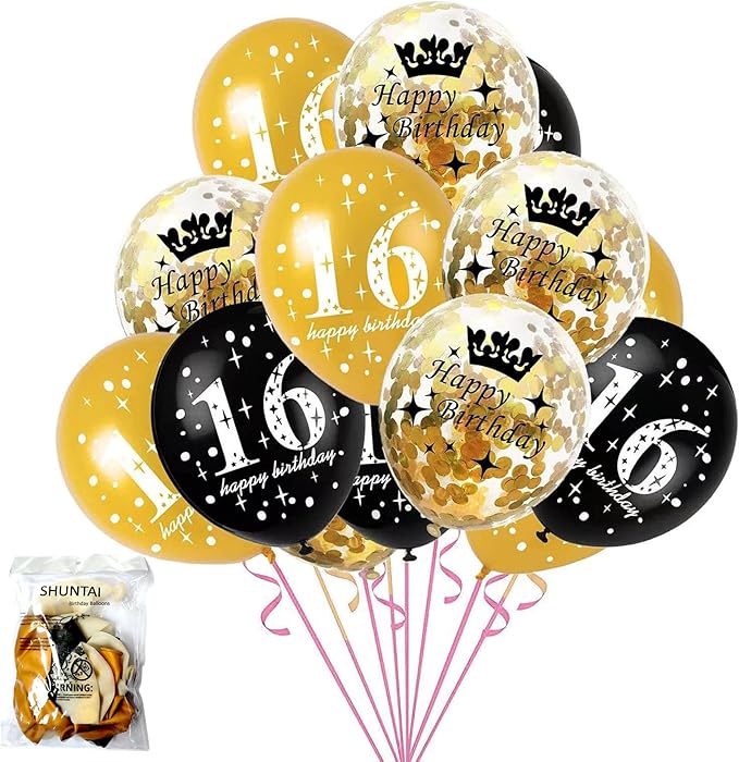 SHUNTAI 16th Birthday Decorations Black and Gold Sweet 16 Birthday Balloons Latex Gold Confetti Balloon 16 Years Old Theme Happy Birthday Party Supplies 12 Inch 15 Pack