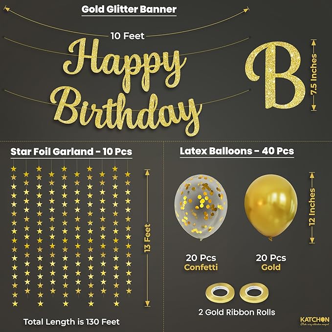 KatchOn, Gold Birthday Decorations Set – Pack of 53 | Glitter Happy Birthday Banner, Gold Star Garland and Confetti Balloons Arch Kit | Happy Birthday Decorations Women, Men | Happy Birthday Sign