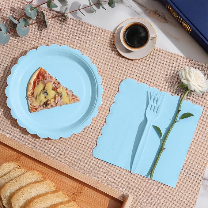 105PCS Paper Plates and Napkins Set, 7 Inch Scalloped Disposable Tableware with Forks for Birthdays, Garden Parties & Outdoor Events, Serves 35 (Light Blue)