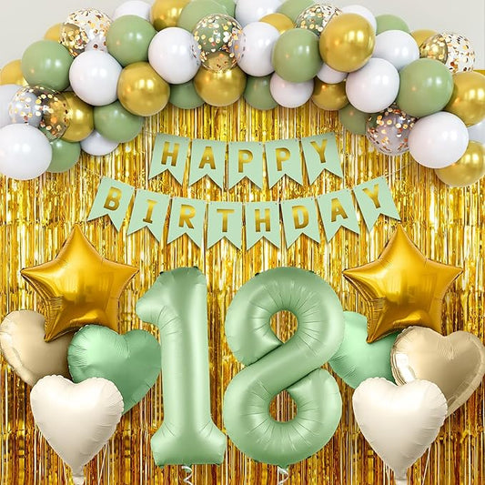 KatchOn, Sage Green 18th Birthday Decorations Set – Pack of 49 | Sage Green 18 Balloon Numbers, Star, Heart & Confetti Balloons, Gold Backdrop | 18th Sage Green Birthday Decorations for Girls, Boys