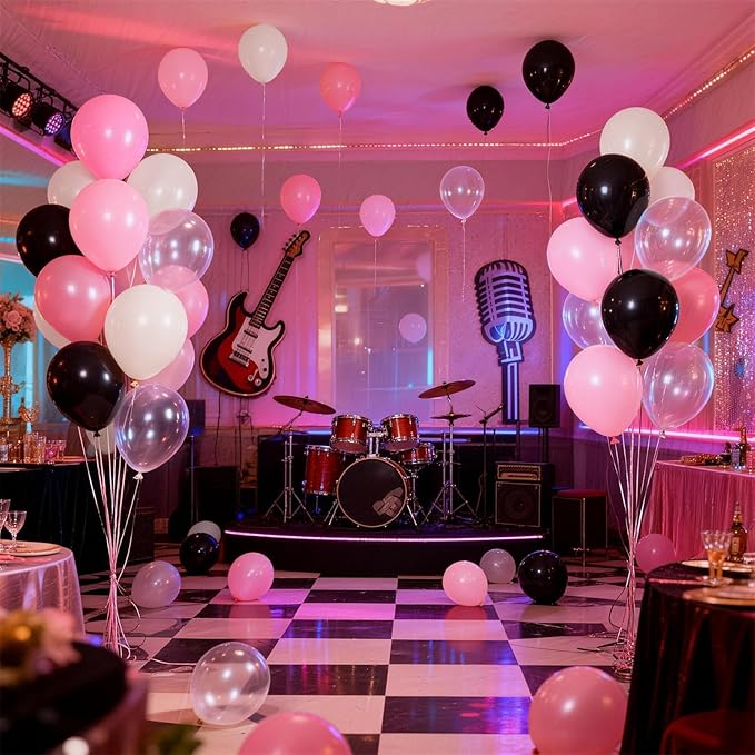 Black and Pink Balloons Set, Black White Clear Double Pearl White Pastel Pink Latex Balloons Set for Girl Women Bridal Baby Shower Wedding Valentines Sweet 16 Princess Birthday Party Decorations