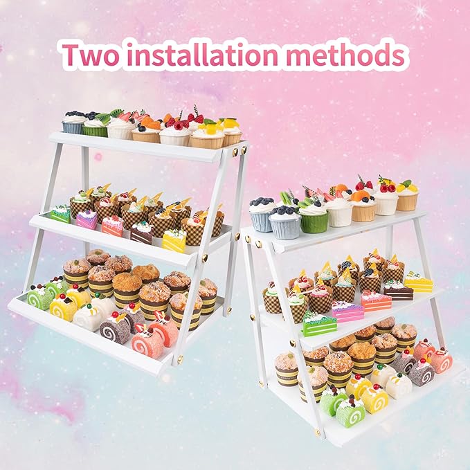 WWN Stainless Steel 3 Tier Cupcake Stand with Pink Coating - Elegant Dessert Tower- Cookie Tray Rack- Tea Party Serving Platter- Easy Assembly Pink Cake Stand for Wedding Baby Shower (crisp white)