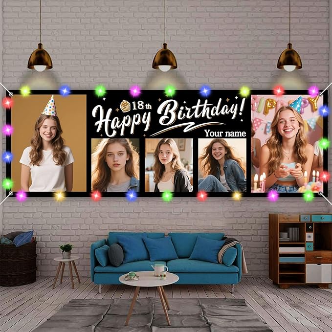 Personalized Birthday Banner with Multi Photo Custom Large Birthday Backdrop Sign with Name Age for Party Decoration(Black)