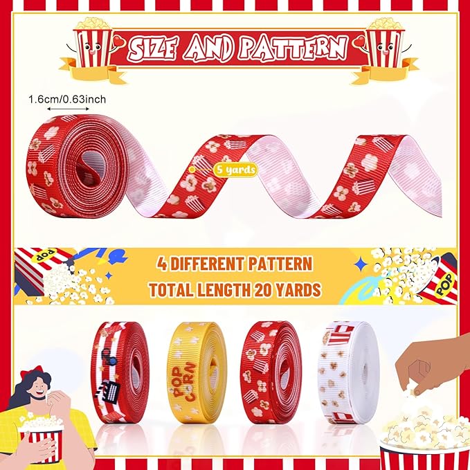 4 Rolls Popcorn Grosgrain Ribbons, 5/8" x 20 Yard Popcorn Printed Ribbon Movie Theater Decor Ribbon Red Yellow Cinema Theme Craft Ribbons for Party Favor Snack Treat Bags Gift Packaging