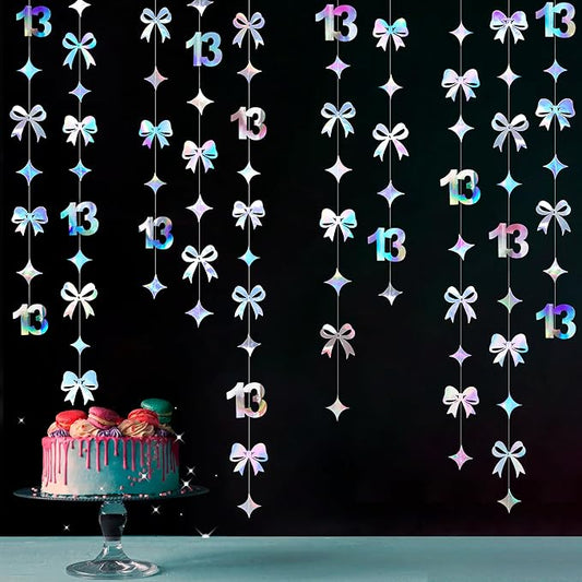 Iridescent 13th Bow Birthday Decorations Glitter Conquette Bow Garland Streamer Banner Backdrop for Girls Boys Happy 13th Birthday Official Teenager Cheers to 13 Years Old Anniversary Party Supplies