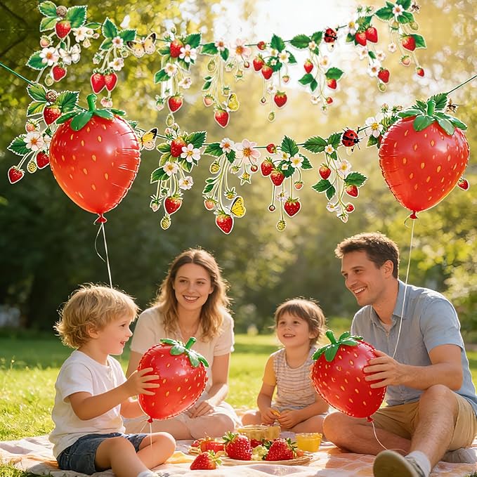 Strawberry Garland Banner Berry First Birthday Decor Strawberry Wildflower for Spring Enchanted Garden Party Strawberry Theme Birthday Decoration for Girl Sweet Baby Shower Spring Garden Tea Party(8.2ft)