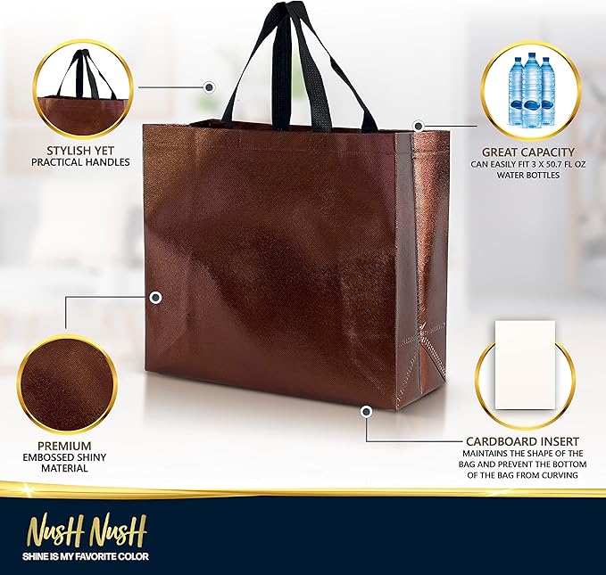 Nush Nush Chocolate Gift Bags Large Size – Set of 30 Reusable Shiny Brown Gift Bags With Handles In Bulk For Small Business Use In Gifting Events, Birthdays - 13Wx5Dx11H