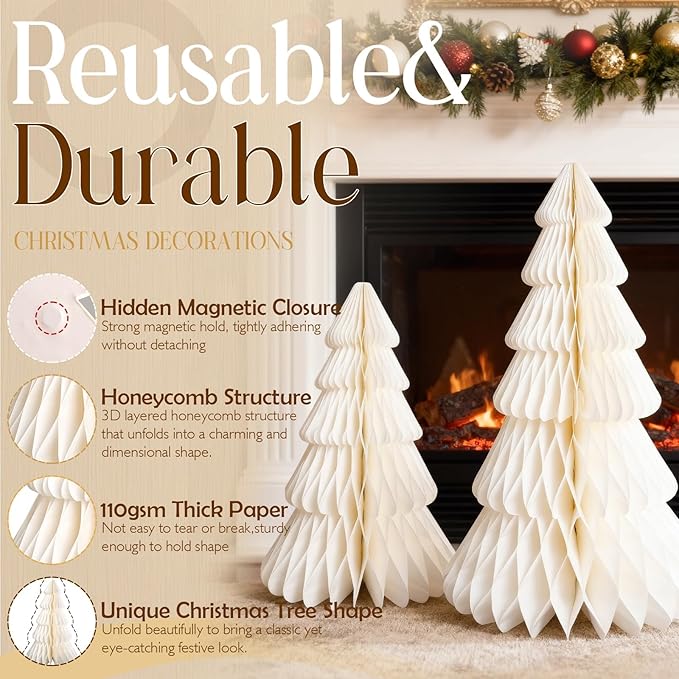 Christmas Table Decorations Indoor, 5 Pcs Extra Large White Honeycomb Paper Christmas Trees, Vintage Table Centerpieces Decorations for Xmas Winter Wonderland New Year Party Weddings Home Decor
